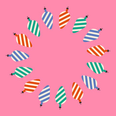 Vintage Christmas Ornaments Circle Frame. Colorful Xmas Card Invitation Poster Template with striped Baubles and empty space for text. Flat vector illustration