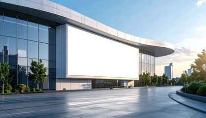 Obraz premium Modern commercial building with a large blank billboard on its glass facade, perfect for advertising mockups in a bright urban setting.