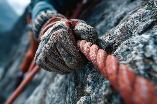 Close-up view of a climber gripping a rope while securing their gear outdoors Generative AI - Powered by Adobe