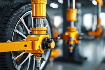 Modern car tire on yellow wheel alignment machine in auto service center