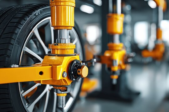 Modern car tire on yellow wheel alignment machine in auto service center