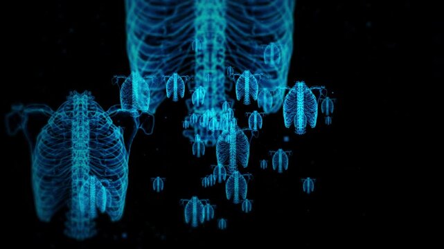 Futuristic Blue Glow Human Spine Ribs Digital 3D Medical Anatomy Structure Study