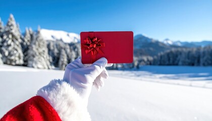 Santa Claus hand holding a red gift card with a bow in a snowy winter landscape