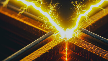 An electric arc leaps dramatically between metal conductors, a striking illustration of raw energy and electrical power.