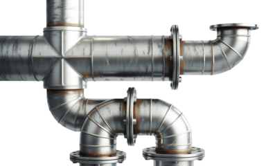 Metal pipes connected with flanges isolated on transparent background