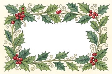 Naklejka premium Christmas Holly Leaf and Berry Frame Border with Copy Space Illustration