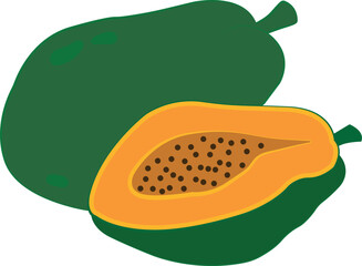 Papaya, papaw, pawpaw tropical exotic fruit. Halved piece, whole. Carica papaya. Vector hand-drawn illustration, isolated on white background.