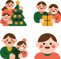 Family celebrating Christmas with gifts and tree in festive holiday themed illustrations