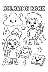 Cute Cartoon Children Holding Crayons and Pencils with Alphabet and Numbers for Coloring Book