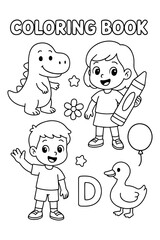 Children Coloring Book Page with Dinosaur, Kids, Duck, Crayon, Balloon, Flowers, Stars, Letter D