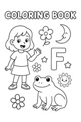 Cute Girl Waving Hello Next to Frog and Flowers Coloring Book Page
