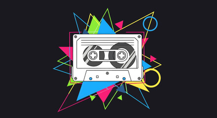 Retro cassette tape surrounded by vibrant geometric shapes and lines on a dark background, evoking a sense of nostalgia and 80s pop culture.