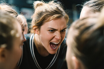 Coach motivates team during timeout with strong words and enthusiasm Generative AI