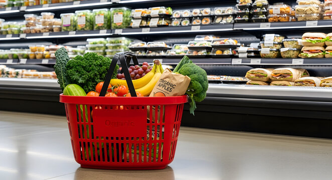 Fresh Produce in a Shopping Basket A Healthy Grocery Shopping Experience at the Supermarket