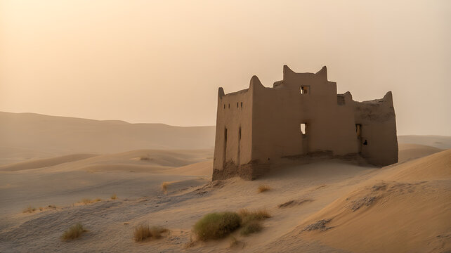 Ancient structure at Yumen Pass, China, stands tall in the desert landscape under a hazy sky.
