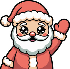 Cute cartoon santa waving hello with cheerful expression in festive red winter holiday attire
