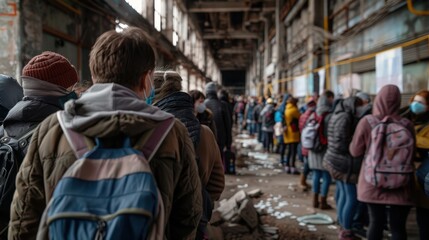 Fototapeta premium A long line of people waiting for assistance can be seen in a derelict warehouse. The atmosphere conveys an urgent need for support, reflecting community resilience in tough times.
