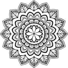 Beautiful black and white symmetrical mandala art with intricate petal patterns on transparent background