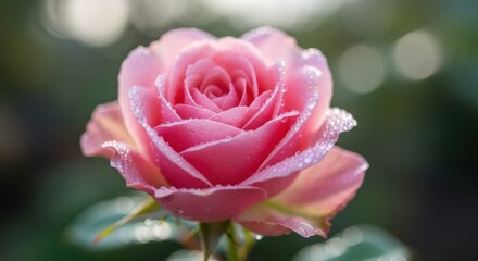 Pink rose bloom with dew drops in a sunlit garden setting