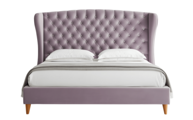 Luxurious purple bed with tufted headboard isolated on transparent background
