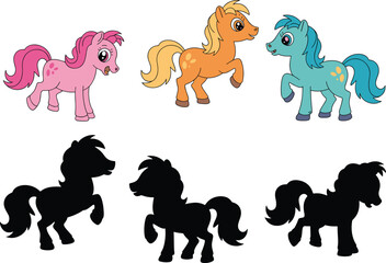 Colorful cartoon ponies with matching silhouette shapes, fun kids activity, visual recognition game, preschool learning, educational vector for children, playful design
