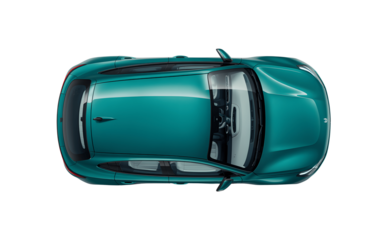 Topdown view of a stylish teal car isolated on transparent background