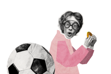 Composite photo collage of astonished sportsman eat harmful burger junk food football ball priority choose isolated on painted background