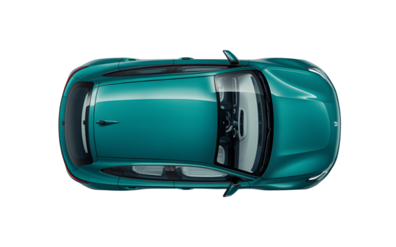 Topdown view of a stylish teal car isolated on transparent background