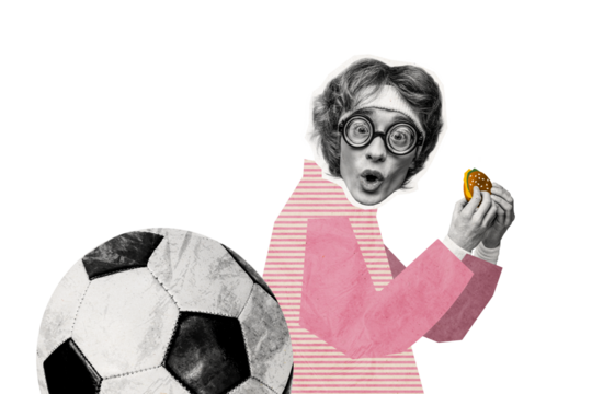 Composite photo collage of astonished sportsman eat harmful burger junk food football ball priority choose isolated on painted background