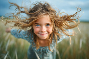 Girl performing a joyful cartwheel in tall grass on a sunny day Generative AI