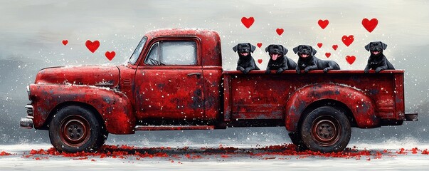 Vintage truck with cheerful dogs and decorative red hearts