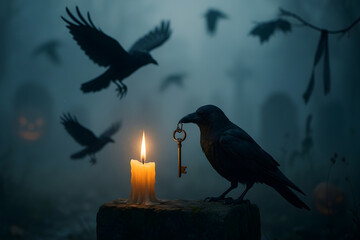 Fototapeta premium Raven and Candle – Mysterious Halloween Scene with Golden Key