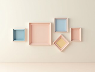 Charming pastel picture frames arranged stylishly on a neutral wall creating a modern, inviting display for cherished memories or art.