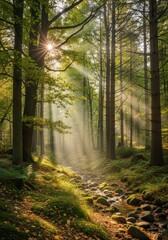 Obraz premium Serene morning forest with sunbeams and stream tranquil nature scene for wall art or print