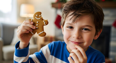 Young boy smiling while holding a gingerbread man cookie at home -  