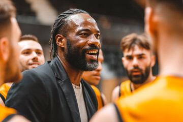 Obraz premium Coach energizes basketball team during critical timeout before the game Generative AI