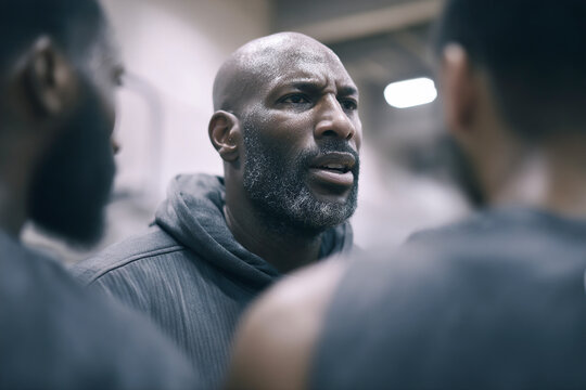 Coach motivates players during timeout in gym at a basketball game Generative AI