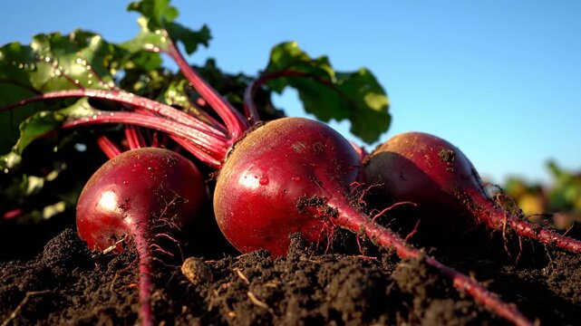 Fresh red beetroots growing in organic farm field. Natural sunlight illuminates vegetables in rich dark soil. Harvesting season creates vibrant atmosphere.