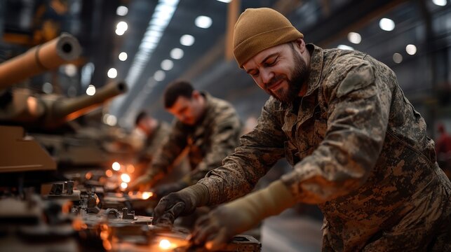 Dedicated workers exhibit skill and attention as they assemble machinery in an industrial setting, emphasizing craftsmanship, teamwork, and the industrious spirit of modern work environments.