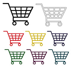 Multicolored Shopping Trolley Cart Vector Set Illustration multicolored shopping trolley vector set Retail Commerce, Grocery Store, and Consumerism Concept