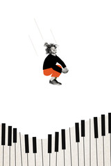 Vertical composite artwork collage image picture of mini guy jump piano keys isolated on creative background
