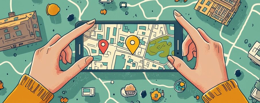 Illustration of hands holding a smartphone with map navigation interface - Powered by Adobe