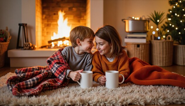 Cozy children enjoying hot drinks while sitting by the fireplace  