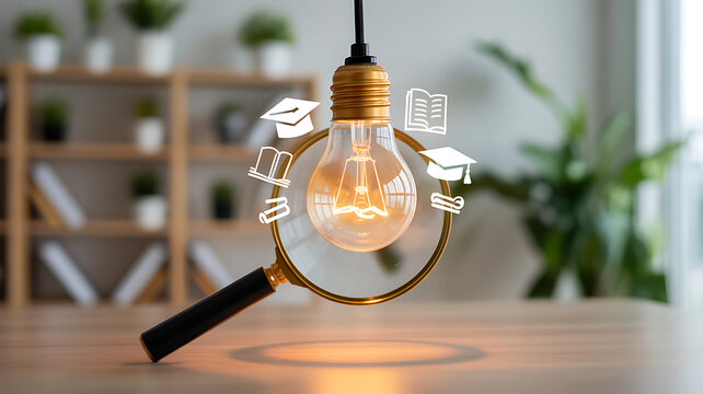 Educational growth and goal achievement concepts. Magnifying glass focuses on a light bulb representing ideas, surrounded by various education symbols. e-Learning, learning online, training course.