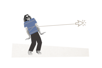 Composite trend artwork sketch photo collage of caricature young guy stand immobilized rope control arrow pointer show direction way push