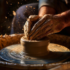 Closeup shot capturing the hands of a skilled potter shaping clay on a spinning wheel, showcasing the artistry and precision of pottery making