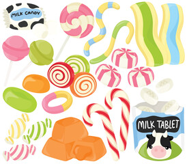 Vector Candy Clip Art Set Sweet Food Dessert Lollipop Hard Candy Candy Cane Milk Tablet Toffee Snack Illustration Isolated on White Background Graphic