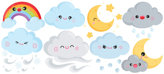 Vector Cute Weather Character Clip Art Set Kawaii Cloud Rainbow Moon Star Snow Sky Illustration Isolated on White Background Graphic Nursery Kids Children Forecast Emotion