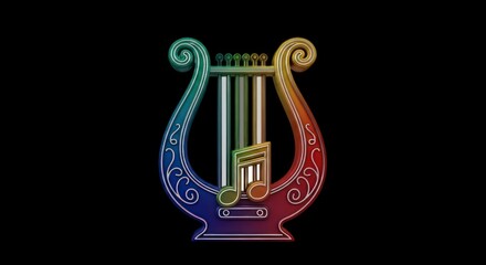 Vibrant Rainbow Lyre with Musical Notes on Black Background.