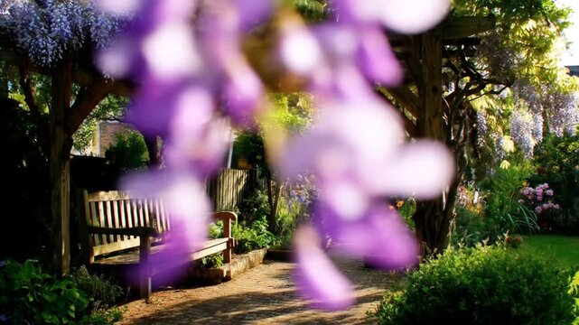 A serene garden scene featuring a wooden bench under a wisteria covered arbor during daytime